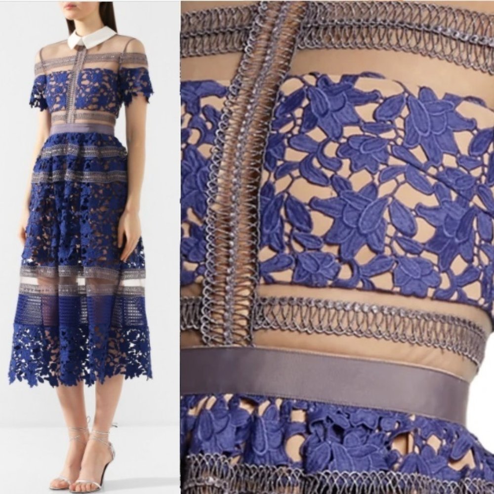 Self-Portrait Liliana Women's panelled lace midi dress Blue Size 0 2